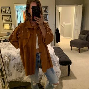 Pearl Beaded, Raw hem, button up shacket. Never worn. Relaxed fit, size 2